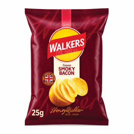 Walkers Smoky Bacon 25g: front of the dark red crisp packet showing crisps image.