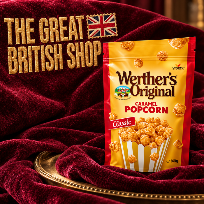 Werther’s Original Classic Caramel Popcorn 140g pouch in claret velvet embroidered with The Great British Shop.
