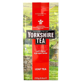 Yorkshire Loose Leaf Tea 250g, front of the pack with countryside scene and red band.