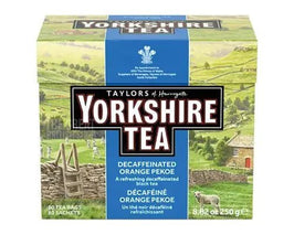 Yorkshire Tea Decaffeinated Orange Pekoe 80 Tea Bags 250g: front of the box showing countryside scene.