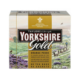 Yorkshire Tea Gold 80 Tea Bags: front of the box showing the moorland scene with sheep and shepherd.