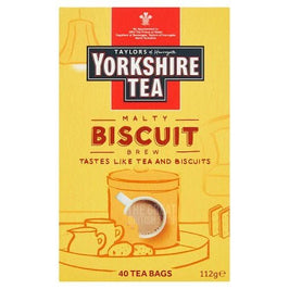 Yorkshire Tea Malty Biscuit Brew 40 Teabags 112g: front of the yellow box with tea set illustration.