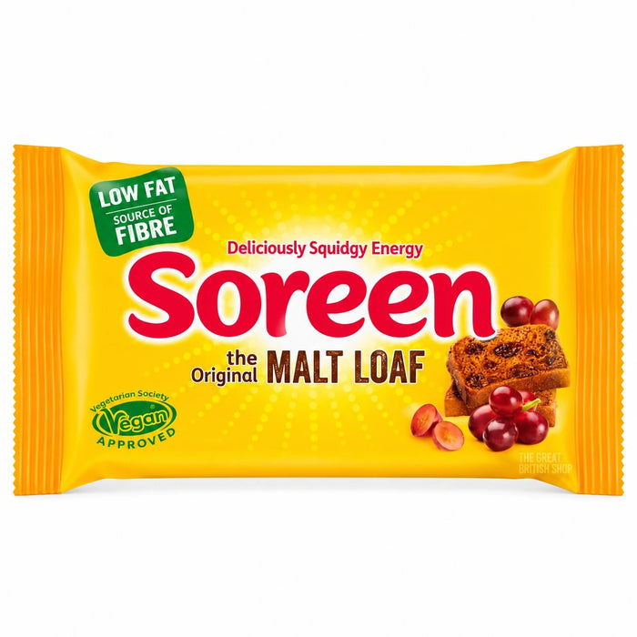 Soreen Original Malt Loaf 190g, front view of the yellow UK wrapper