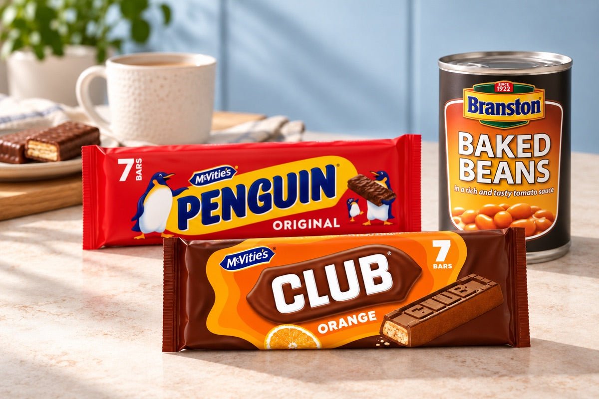 British groceries arranged on a sunlit kitchen counter