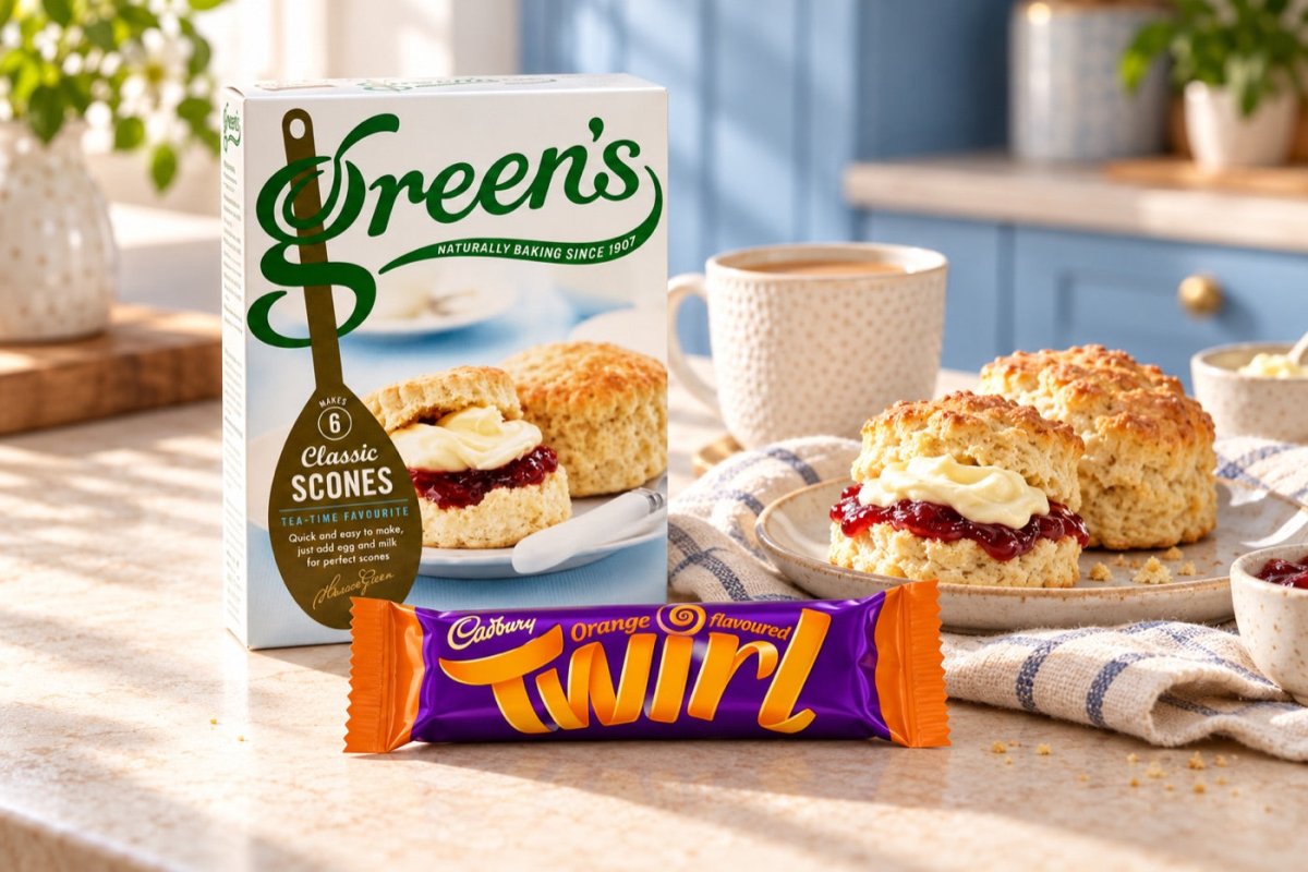British groceries arranged on a sunlit kitchen counter