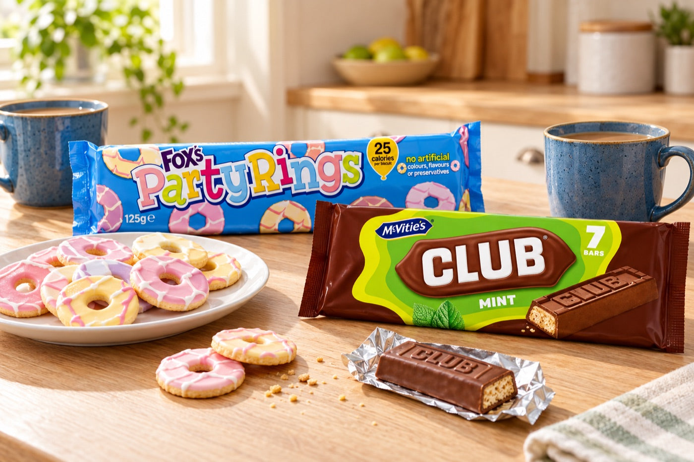Club Mint and Party Rings arranged on a family biscuit table