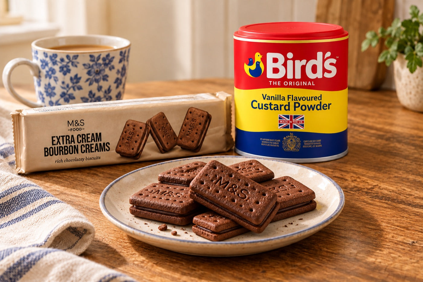 Dry bourbon cream biscuits beside a cup of tea, with an M&S biscuit packet and a closed Bird’s custard powder tin.