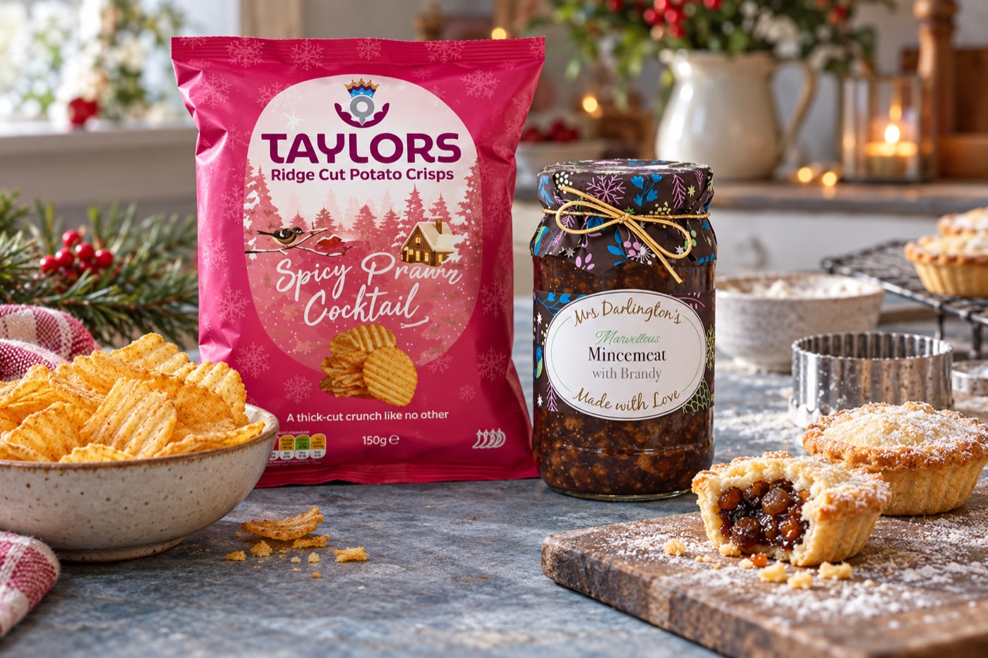 Taylors crisps, mincemeat and everyday tea-break favourites give Windsor a shelf with both a savoury and a baking side arranged as a styled kitchen scene