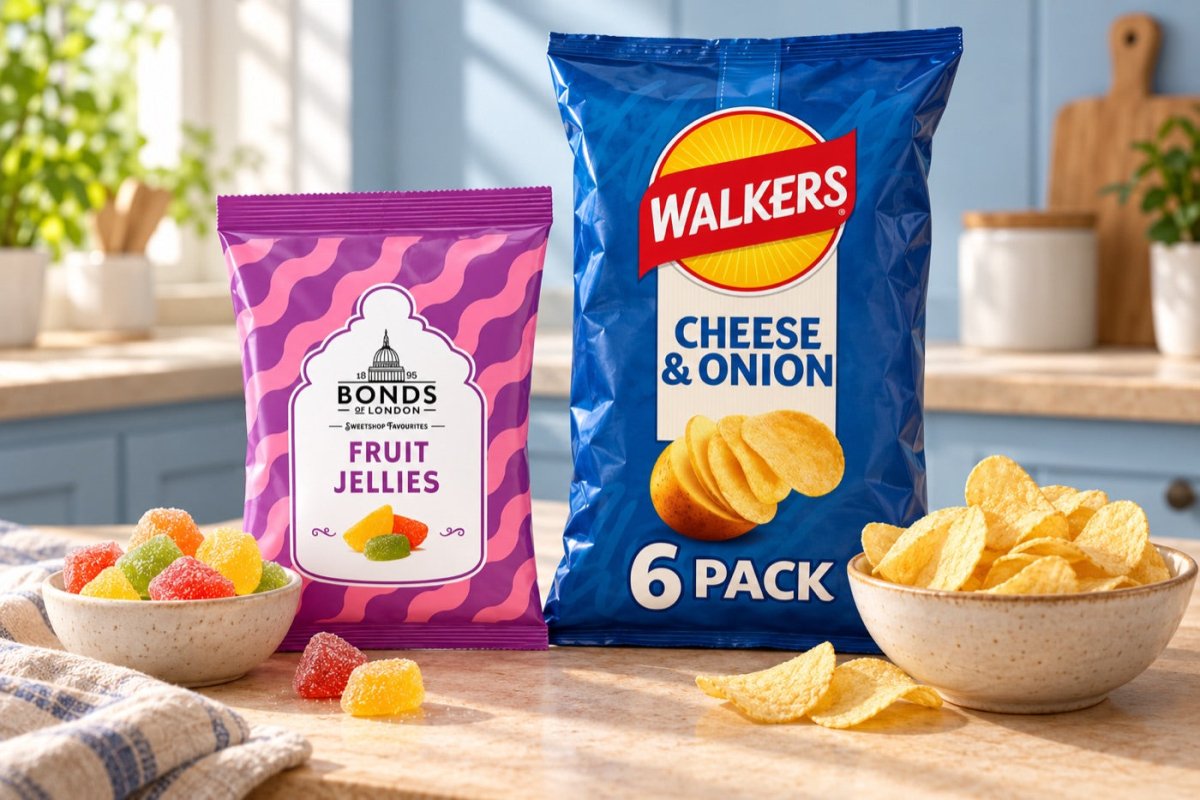 British groceries arranged on a sunlit kitchen counter